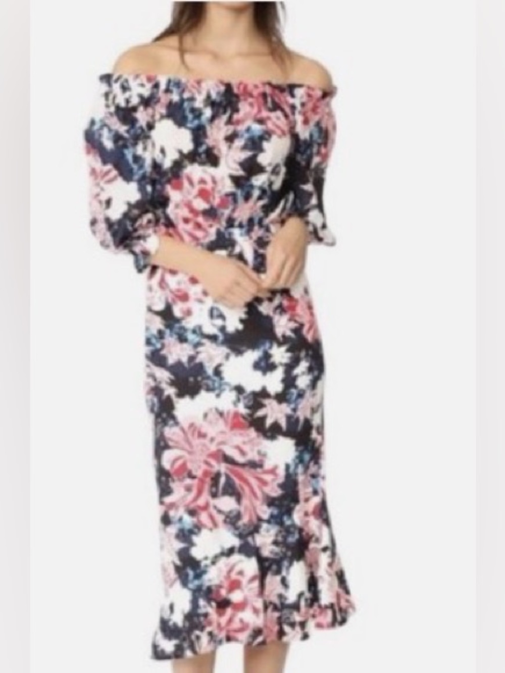 SALONI Navy Maxi Dress with Pink & White Floral Print